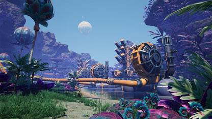 Fantasy landscape with mechanical structures and lush greenery