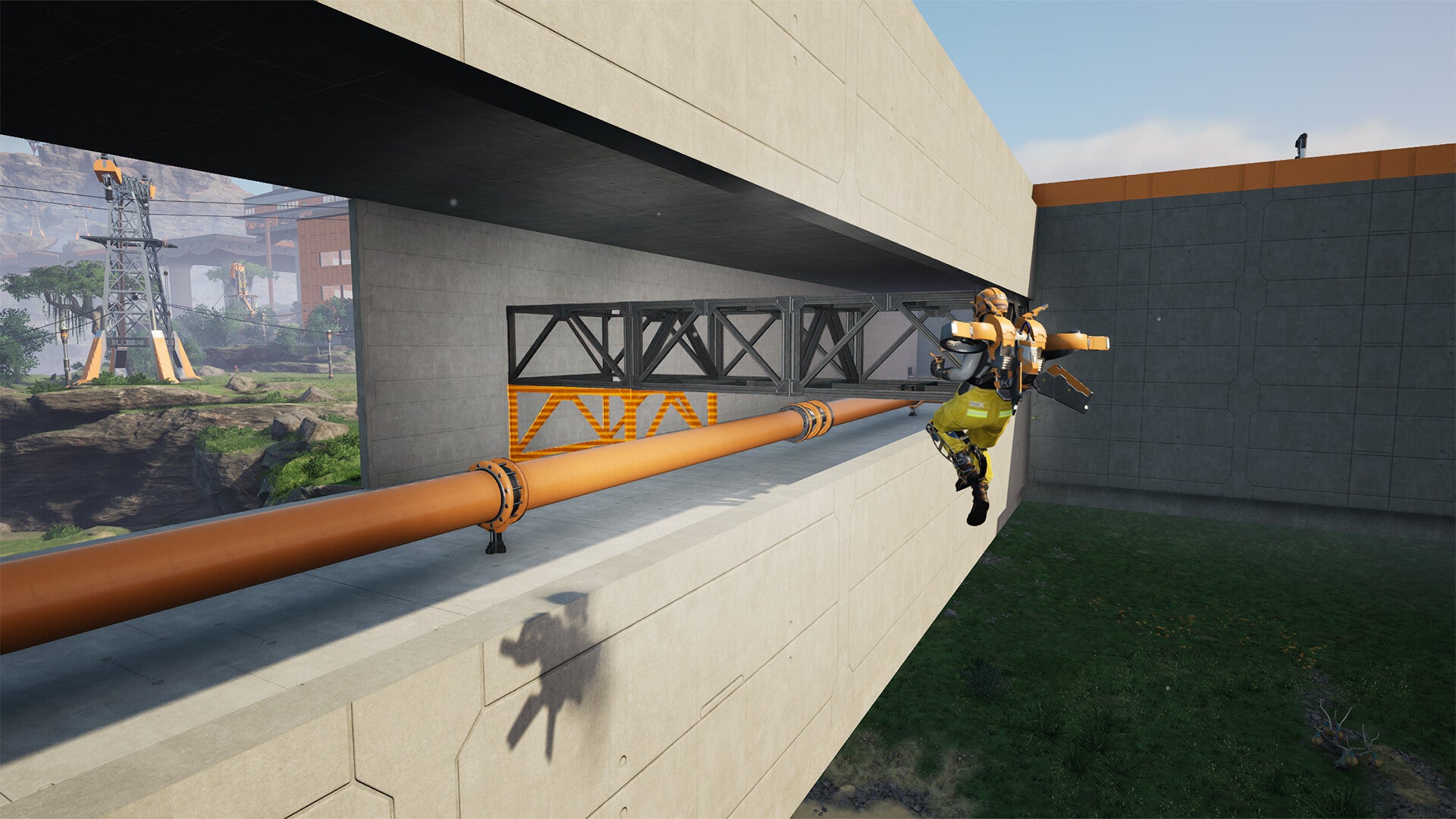 Character in a video game standing on a pipe with a construction site in the background