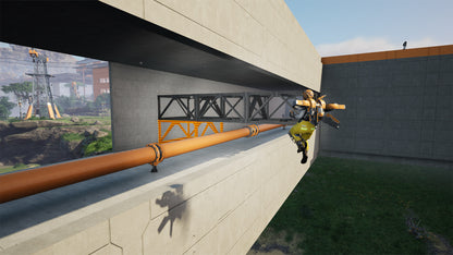 Character in a video game standing on a pipe with a construction site in the background