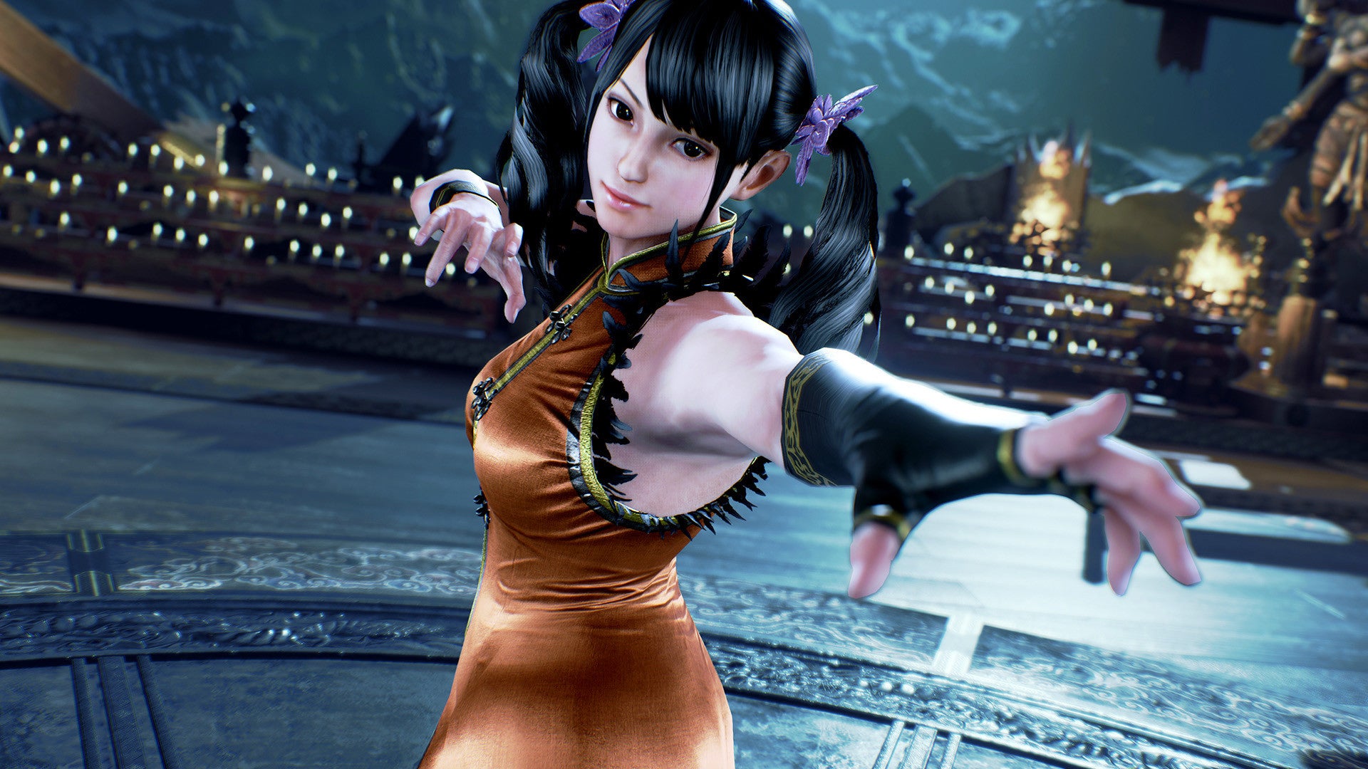 Character in a stylized dress with a dark, fantasy-themed background