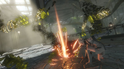 Sci-fi scene with a character holding a weapon emitting energy, surrounded by futuristic architecture and plants.