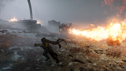 Character in a post-apocalyptic setting with fires and debris