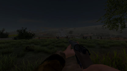 First-person view of a character holding a gun in a grassy field with trees in the background