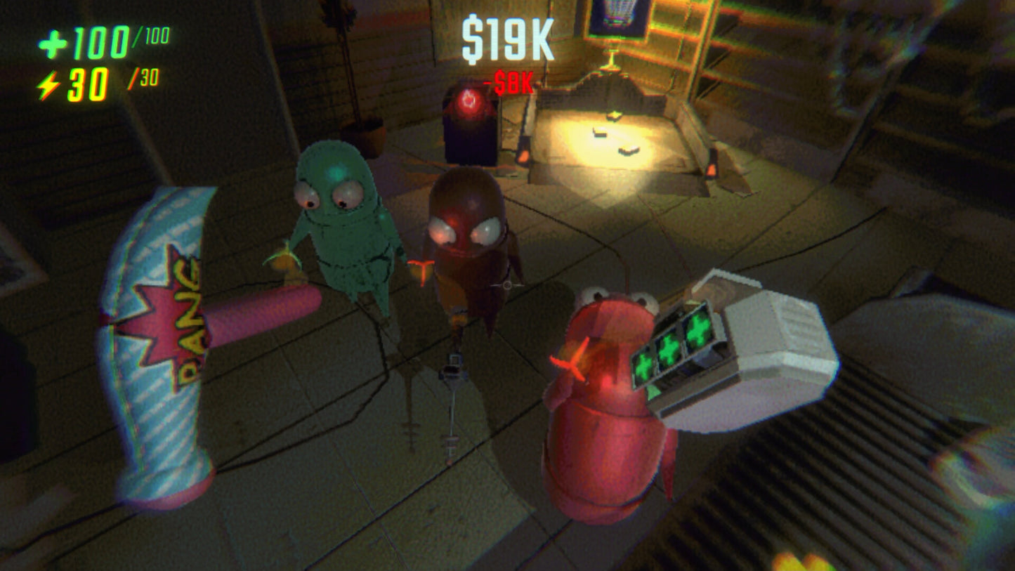 Three animated characters in a room with a cash register and various objects.