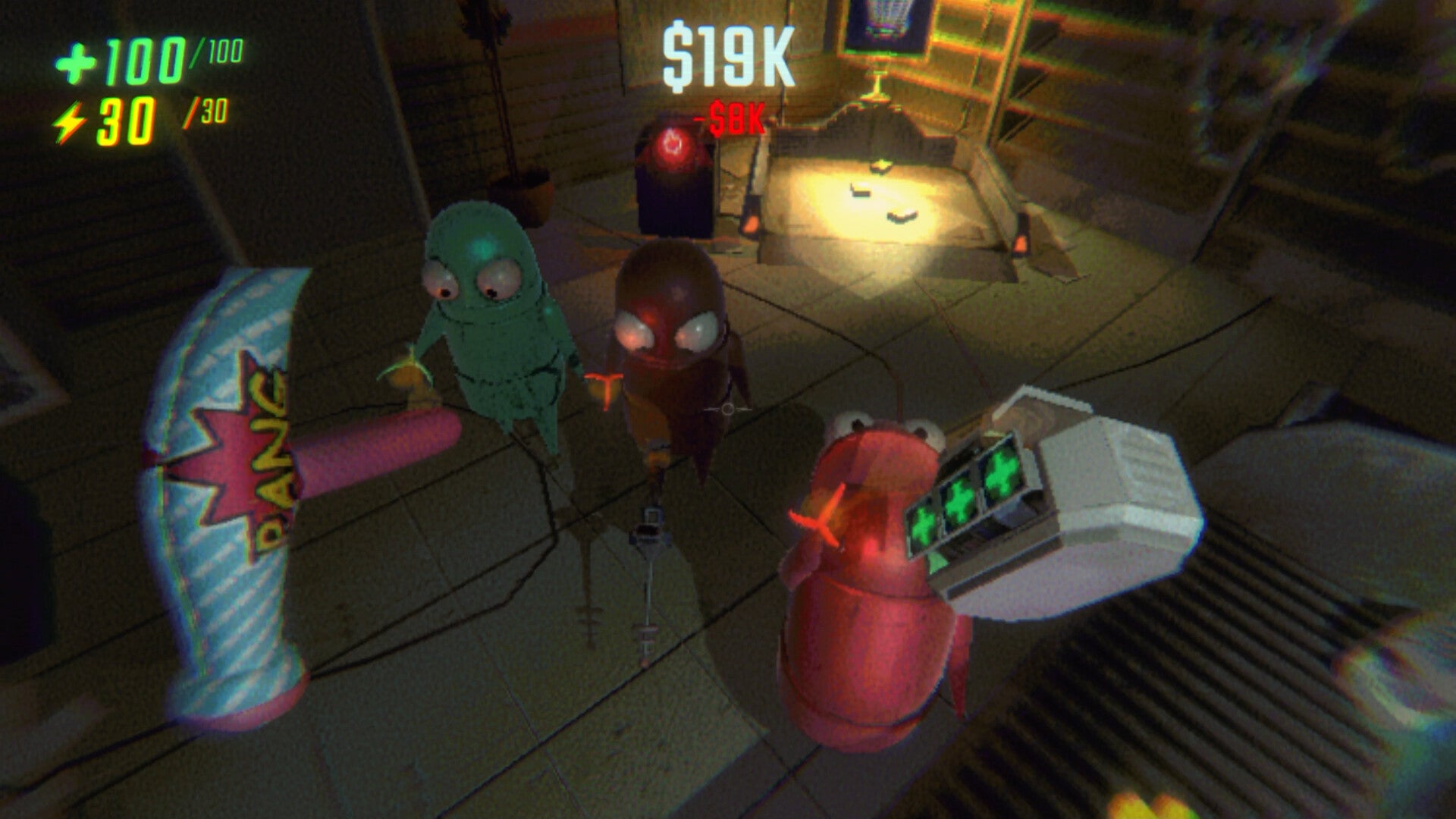 Three animated characters in a room with a cash register and various objects.
