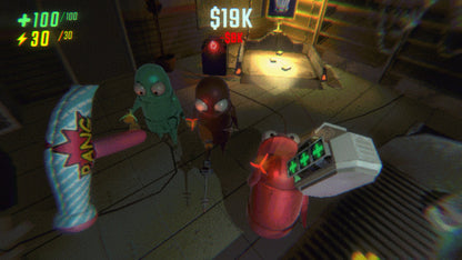 Three animated characters in a room with a cash register and various objects.