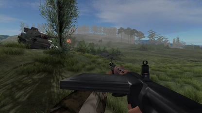First-person view of a gun in a virtual environment with grass, trees, and a vehicle.