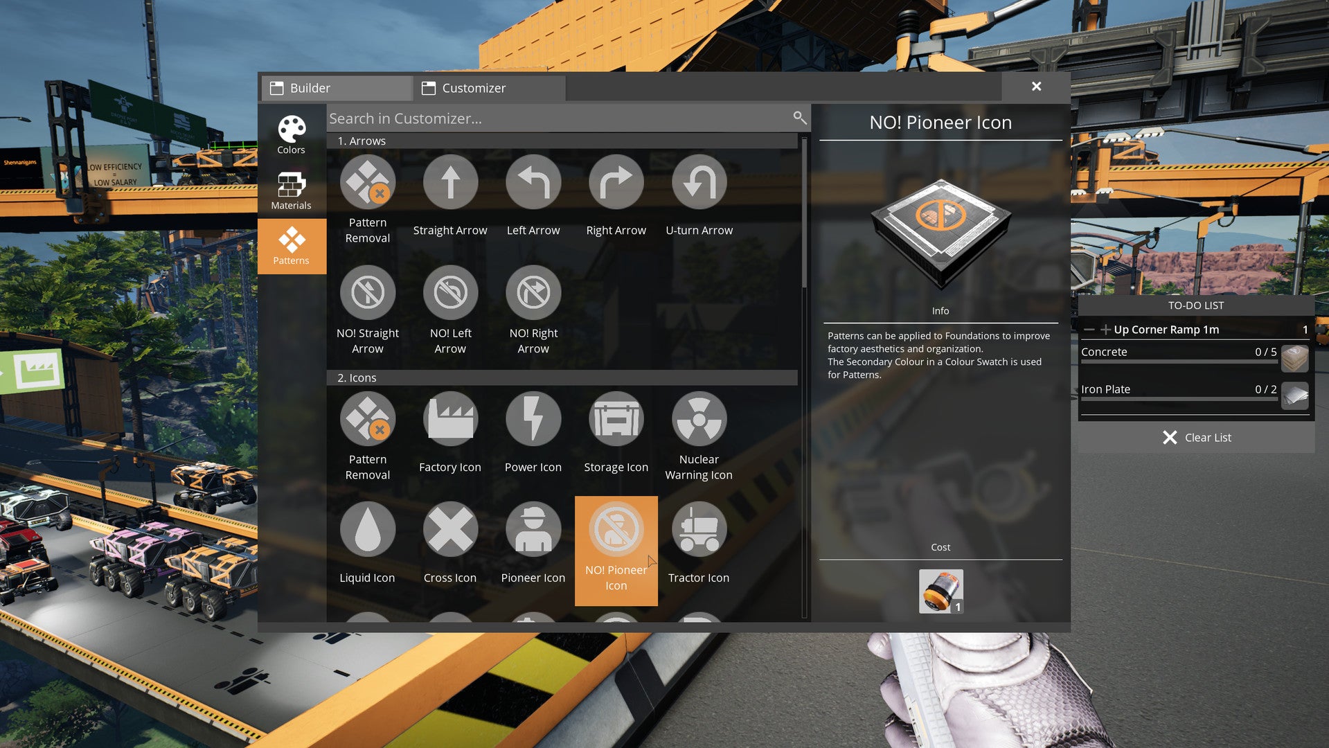 Game interface with customization options on a construction-themed background