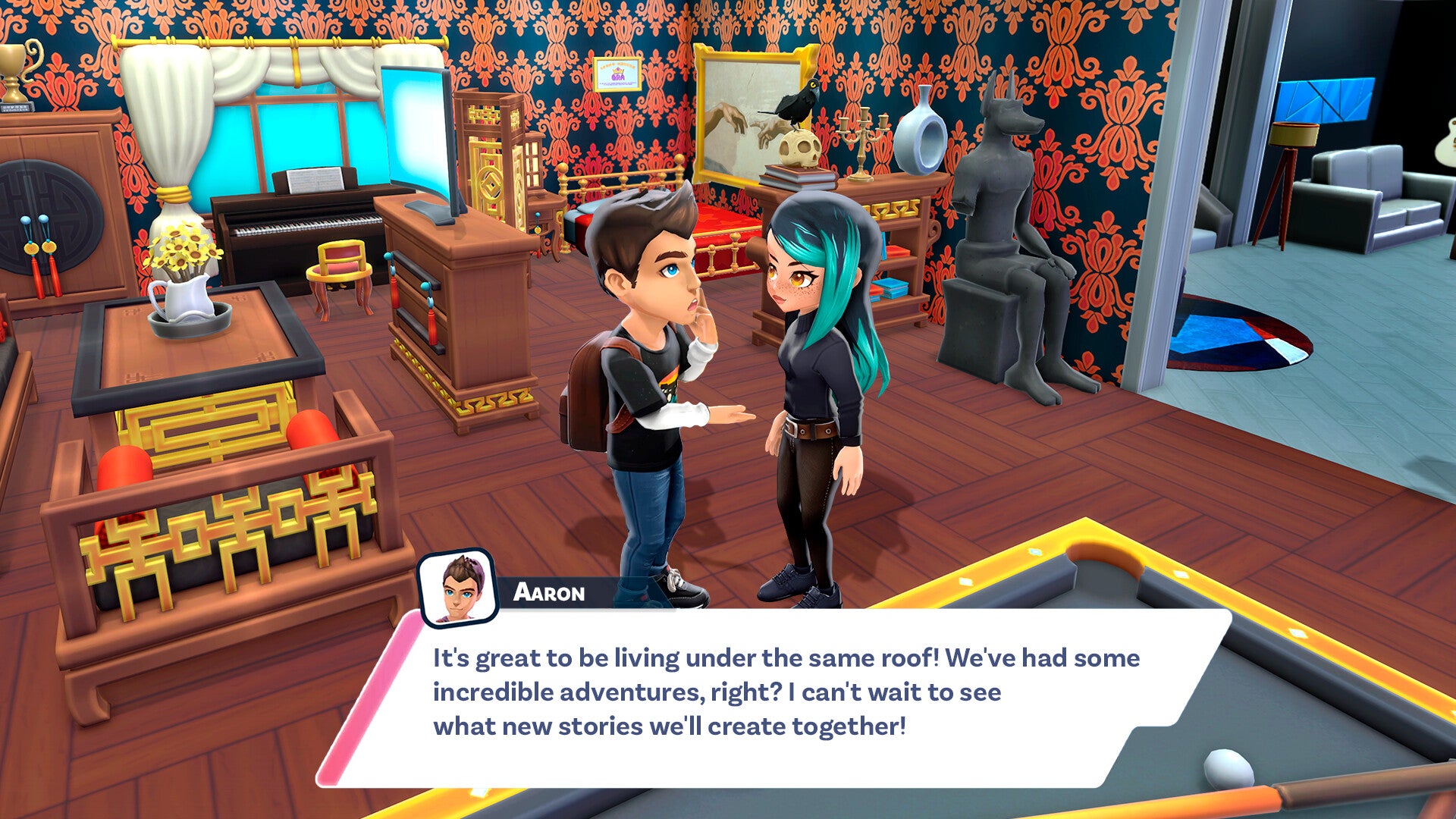 Two animated characters in a room with colorful decor and furniture.