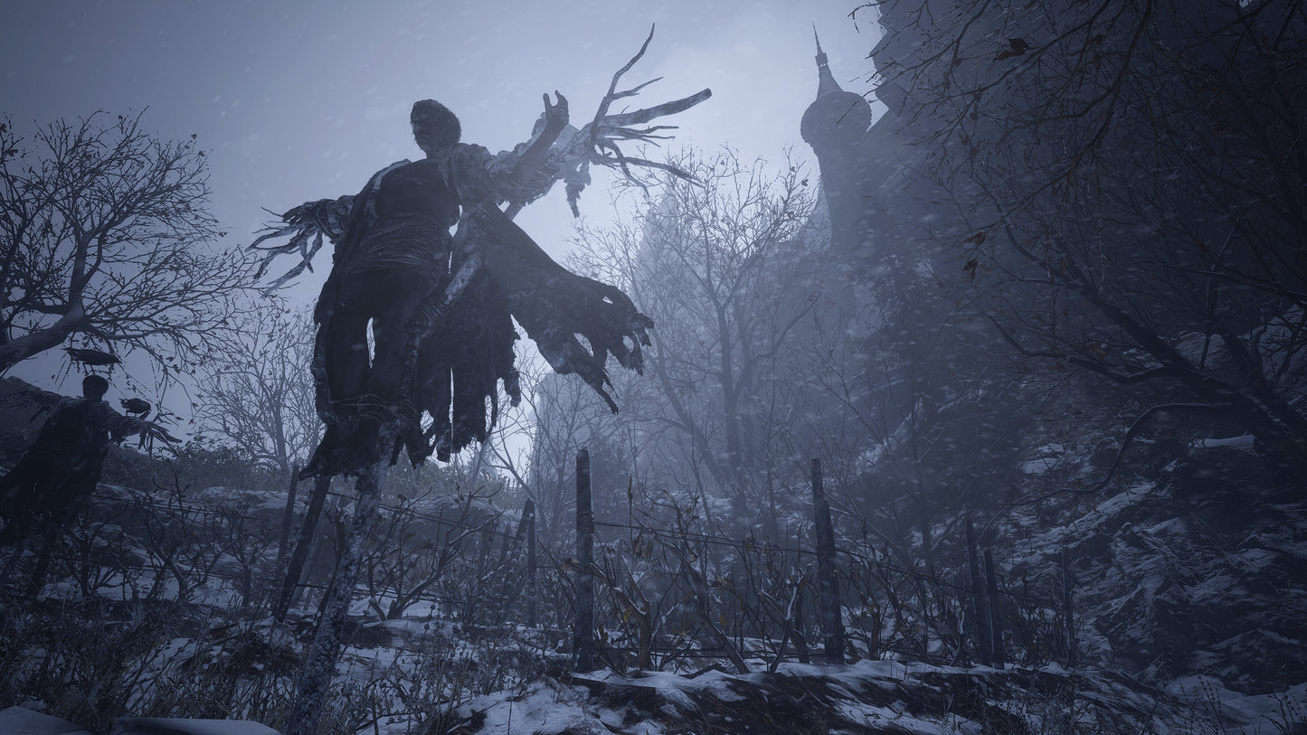 Dark, eerie forest scene with twisted trees and a figure in the mist