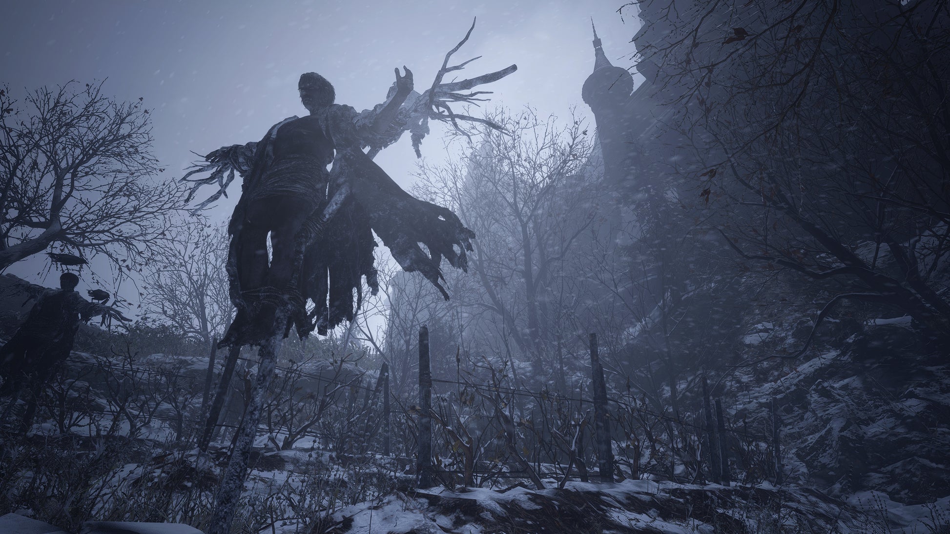 Dark, eerie forest scene with twisted trees and a figure in the mist