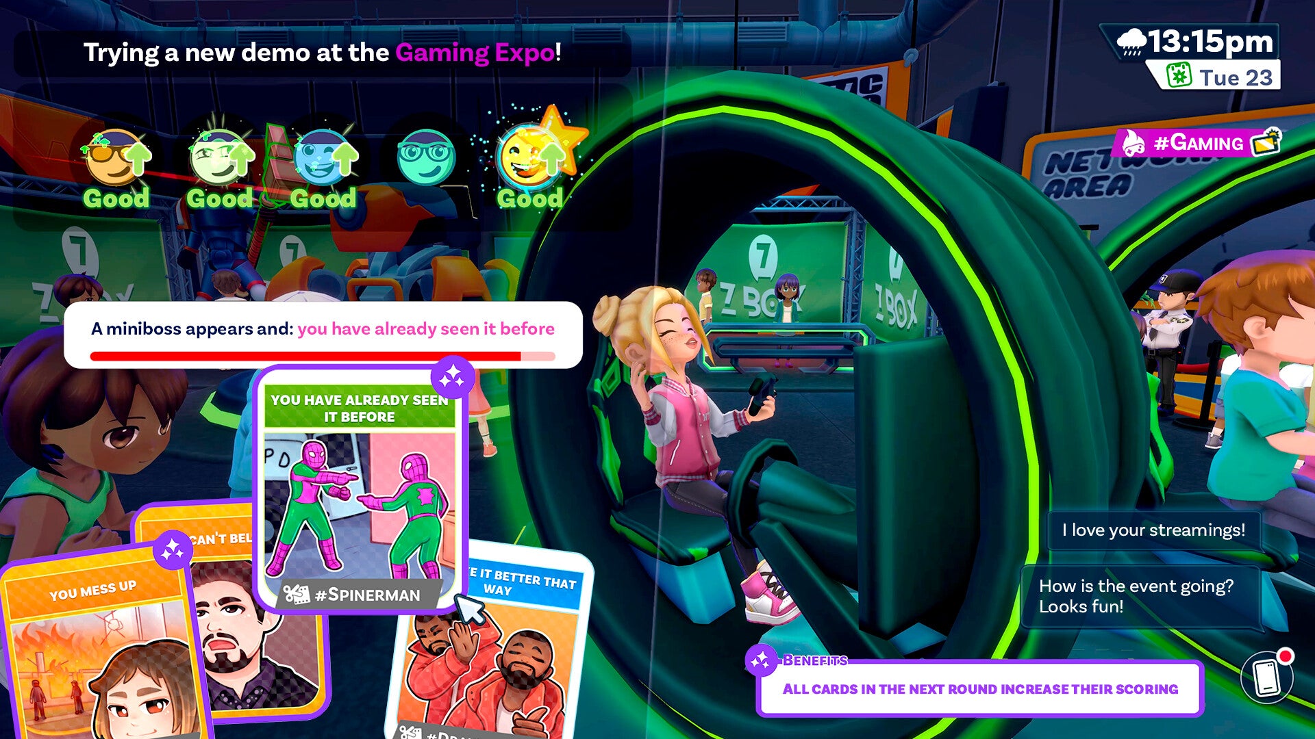 Gaming expo event with characters and interface elements in a colorful and dynamic setting.