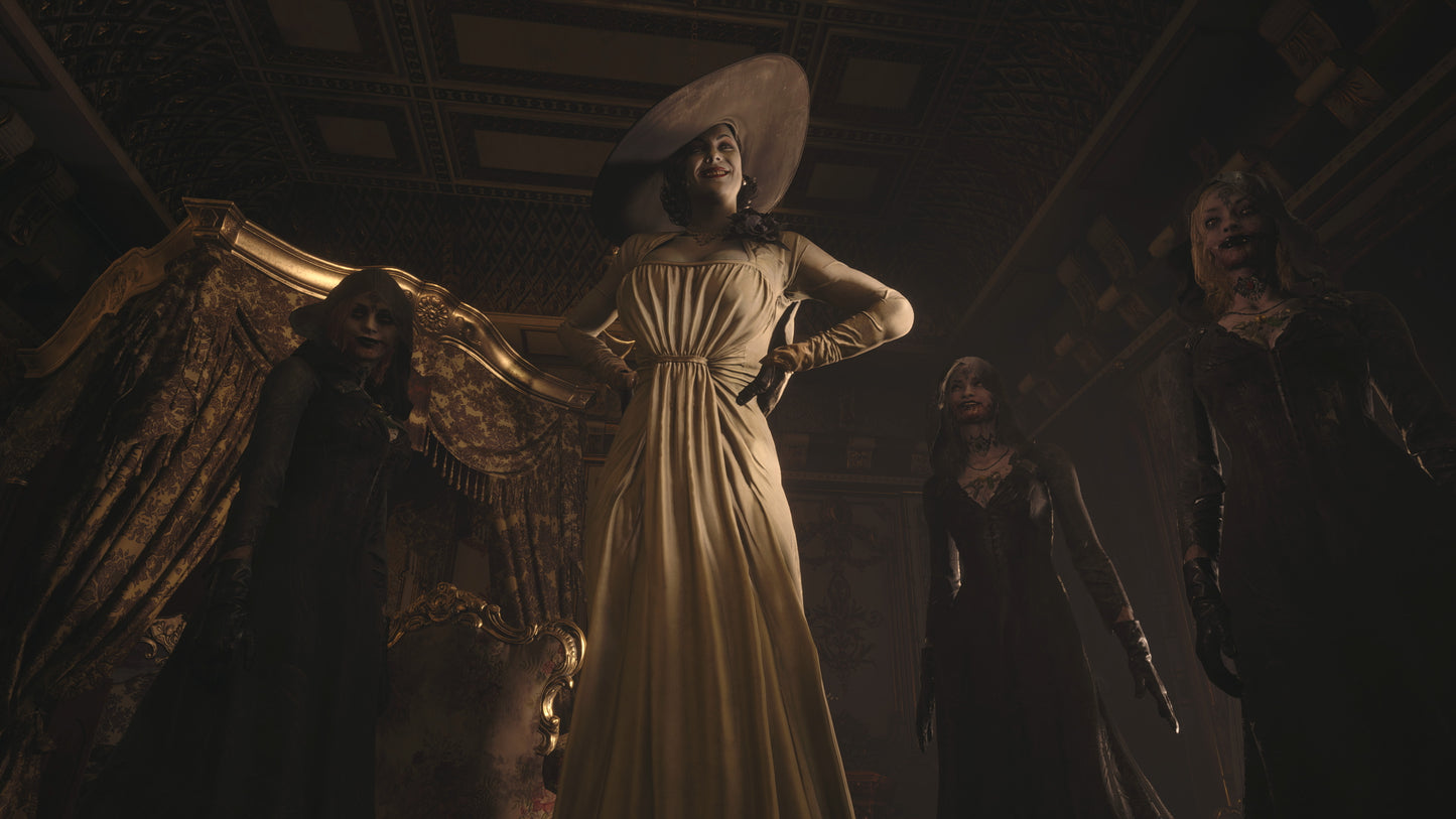 Woman in a white dress with a large hat standing in a dimly lit room with other people.