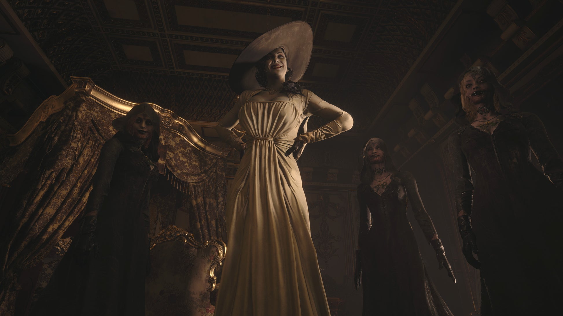 Woman in a white dress with a large hat standing in a dimly lit room with other people.