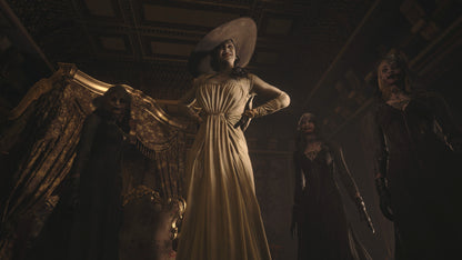 Woman in a white dress with a large hat standing in a dimly lit room with other people.