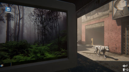 Game screen showing a forest scene on the left and a street with a dog on the right.