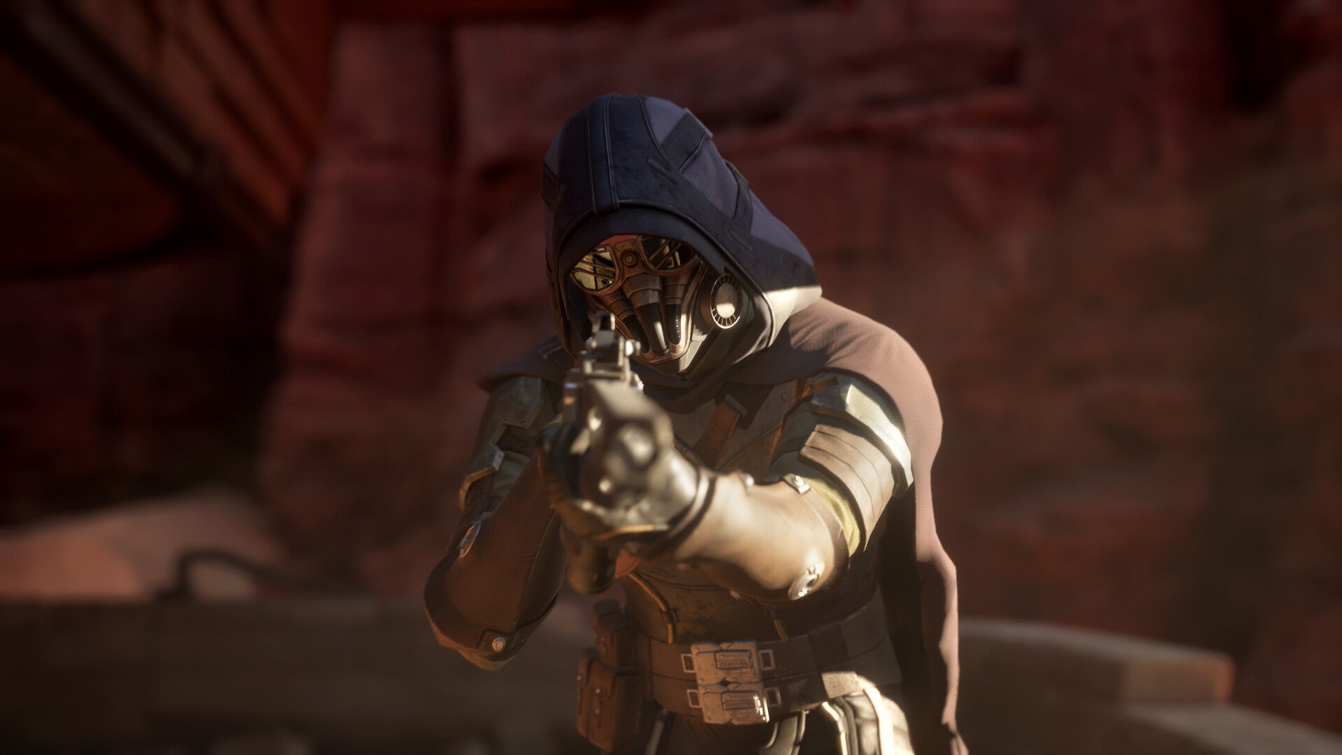 Character in a hooded outfit holding a weapon in a dimly lit environment