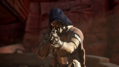 Character in a hooded outfit holding a weapon in a dimly lit environment