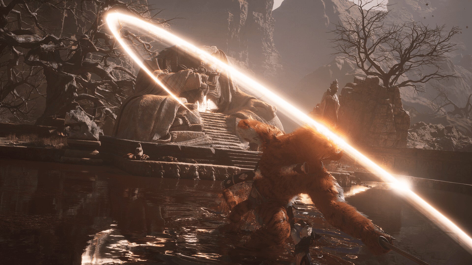 Character wielding a glowing sword in a dark, forested landscape
