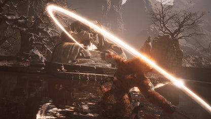 Character wielding a glowing sword in a dark, forested landscape