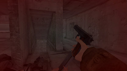 First-person view of a player holding a gun in a video game setting