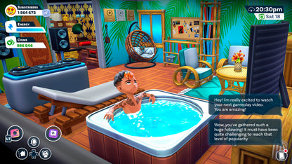 Character in a hot tub in a colorful room with gaming interface elements.