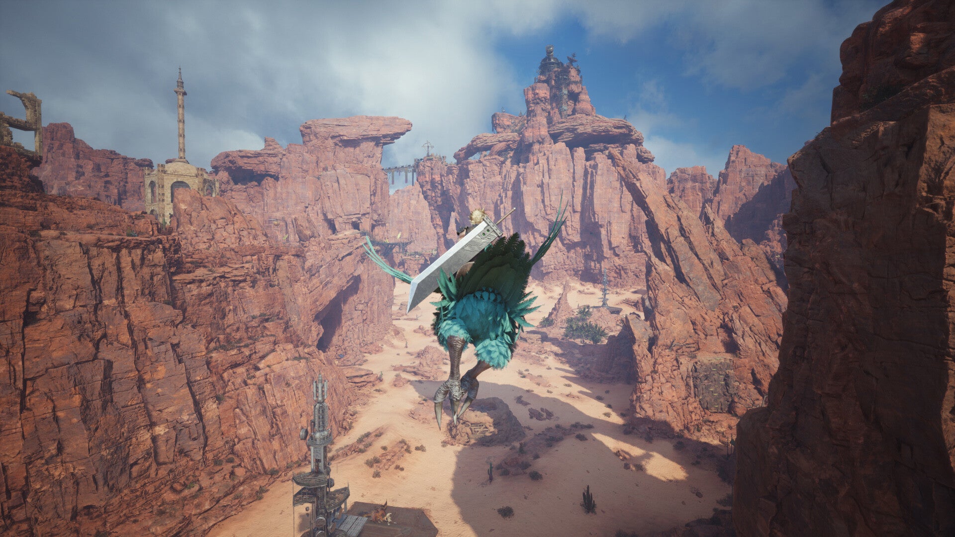 Large creature with teal wings and body in a desert-like canyon