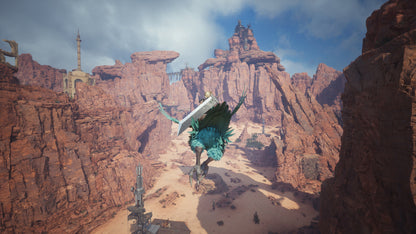 Large creature with teal wings and body in a desert-like canyon
