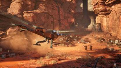 Helicopter on a desert landscape with rocky formations