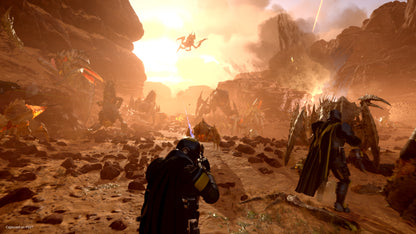 Two characters in a desert-like environment with a large fiery explosion in the background