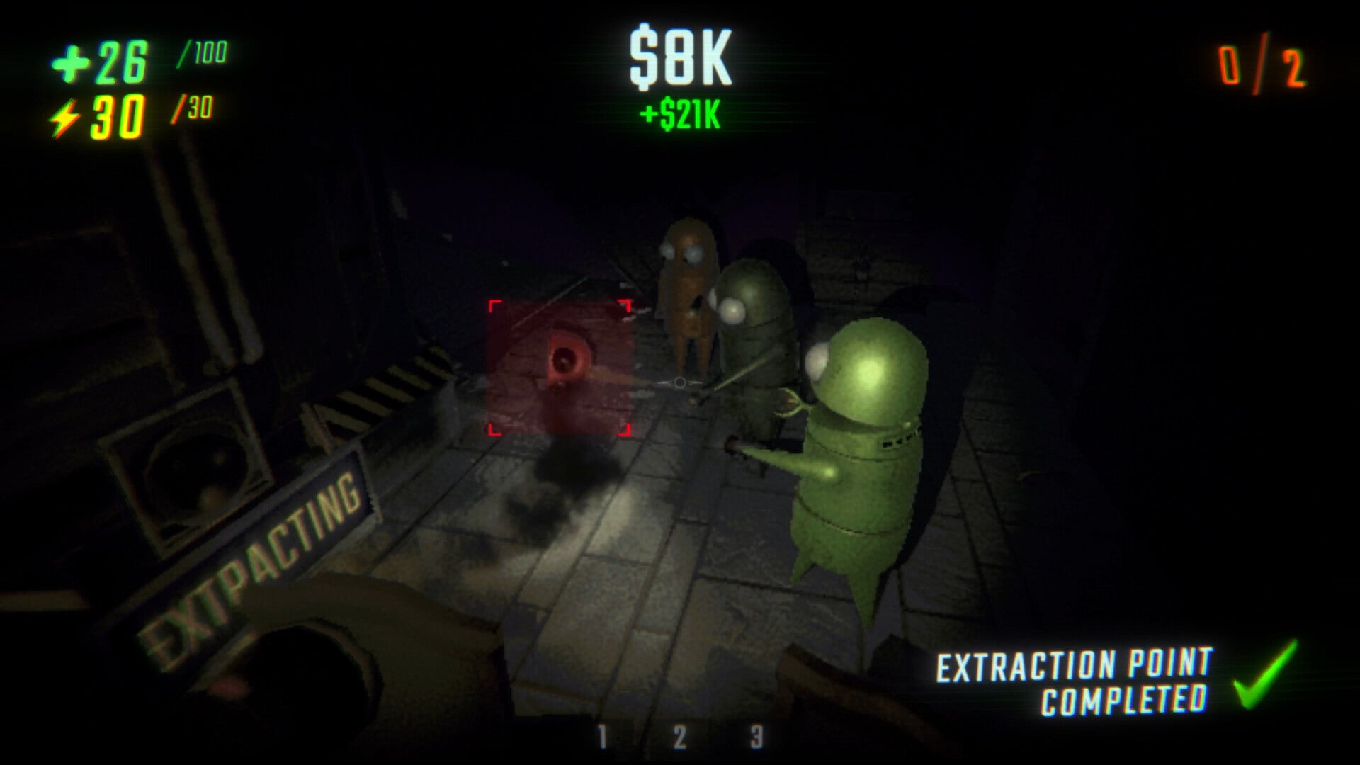 Game screen showing a character extraction point completed with score and resource indicators.