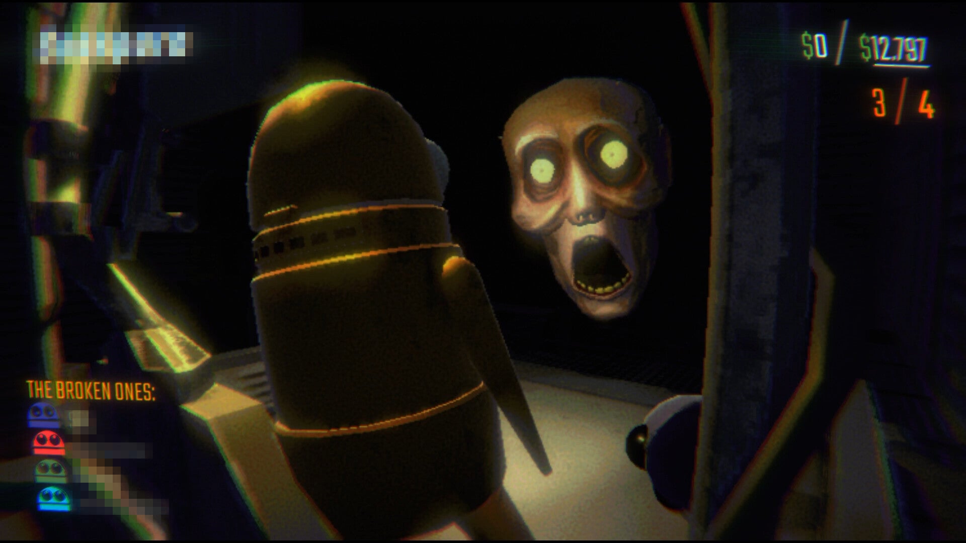 Video game scene with a character and a menacing mask in a dark setting