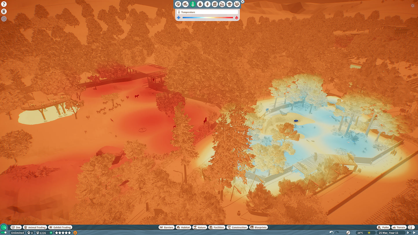 Top-down view of a digital map with terrain and water features displayed in a simulation software interface.