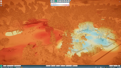 Top-down view of a digital map with terrain and water features displayed in a simulation software interface.