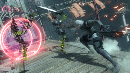 Character in a dark, industrial setting with a glowing pink circle and weapon.