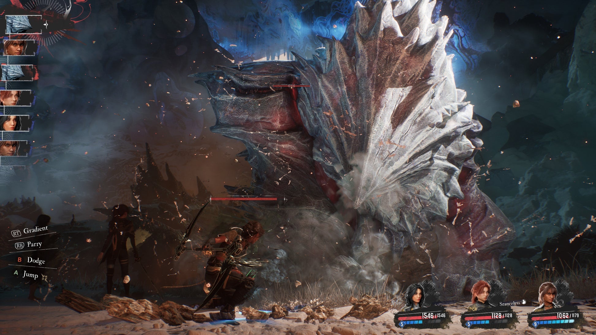 Game screen with character selection and battle scene in a snowy landscape