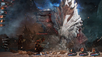 Game screen with character selection and battle scene in a snowy landscape