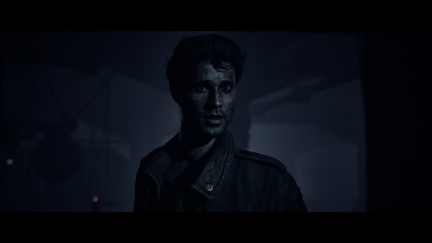 Person wearing a dark uniform in a dimly lit setting