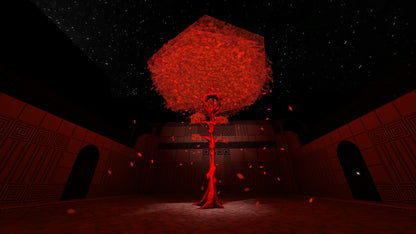 Red-themed scene with a person holding an umbrella in a dark room
