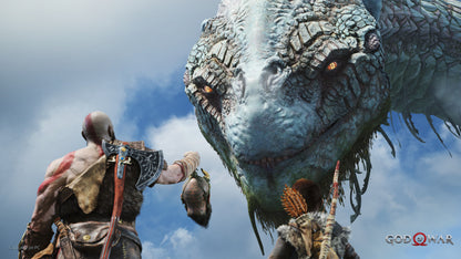 Character from 'God of War' facing a large dragon with a cloudy sky background