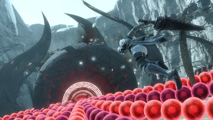 Character in a fantasy setting with large creature and red spherical objects