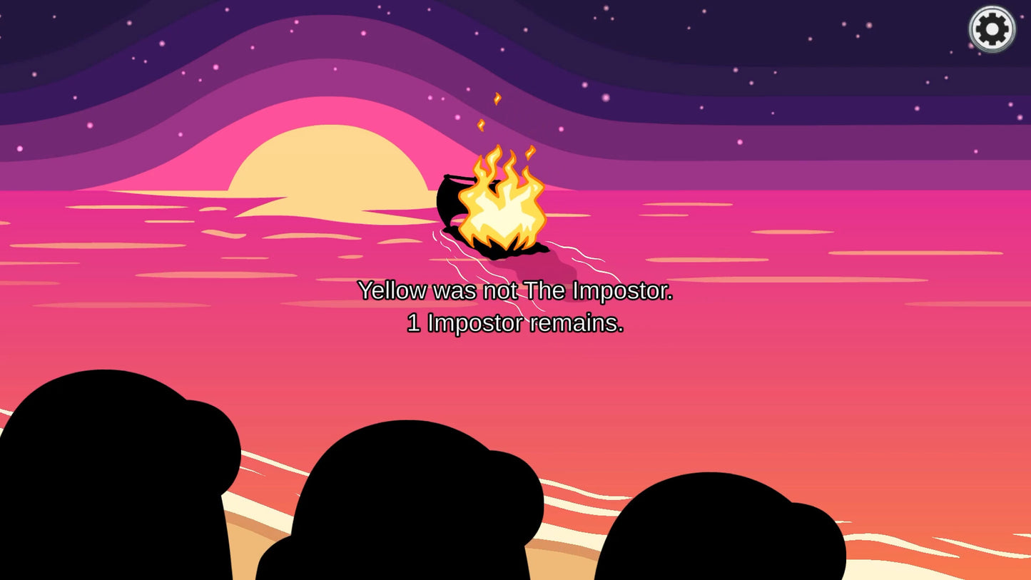 Game screen with silhouette of a person around a campfire at sunset, indicating a game like 'Among Us'.